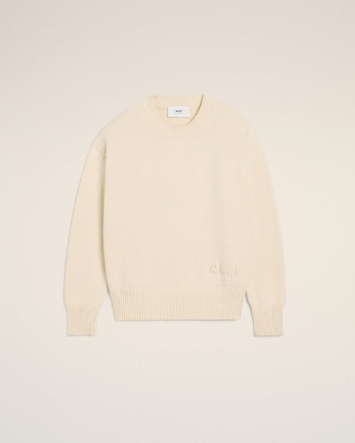 BEIGE COTTON AMI EMBROIDERED CREWNECK SWEATER - French Destock
