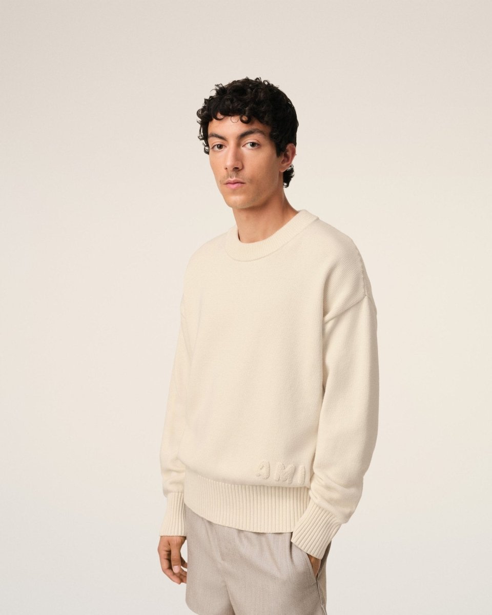 BEIGE COTTON AMI EMBROIDERED CREWNECK SWEATER - French Destock