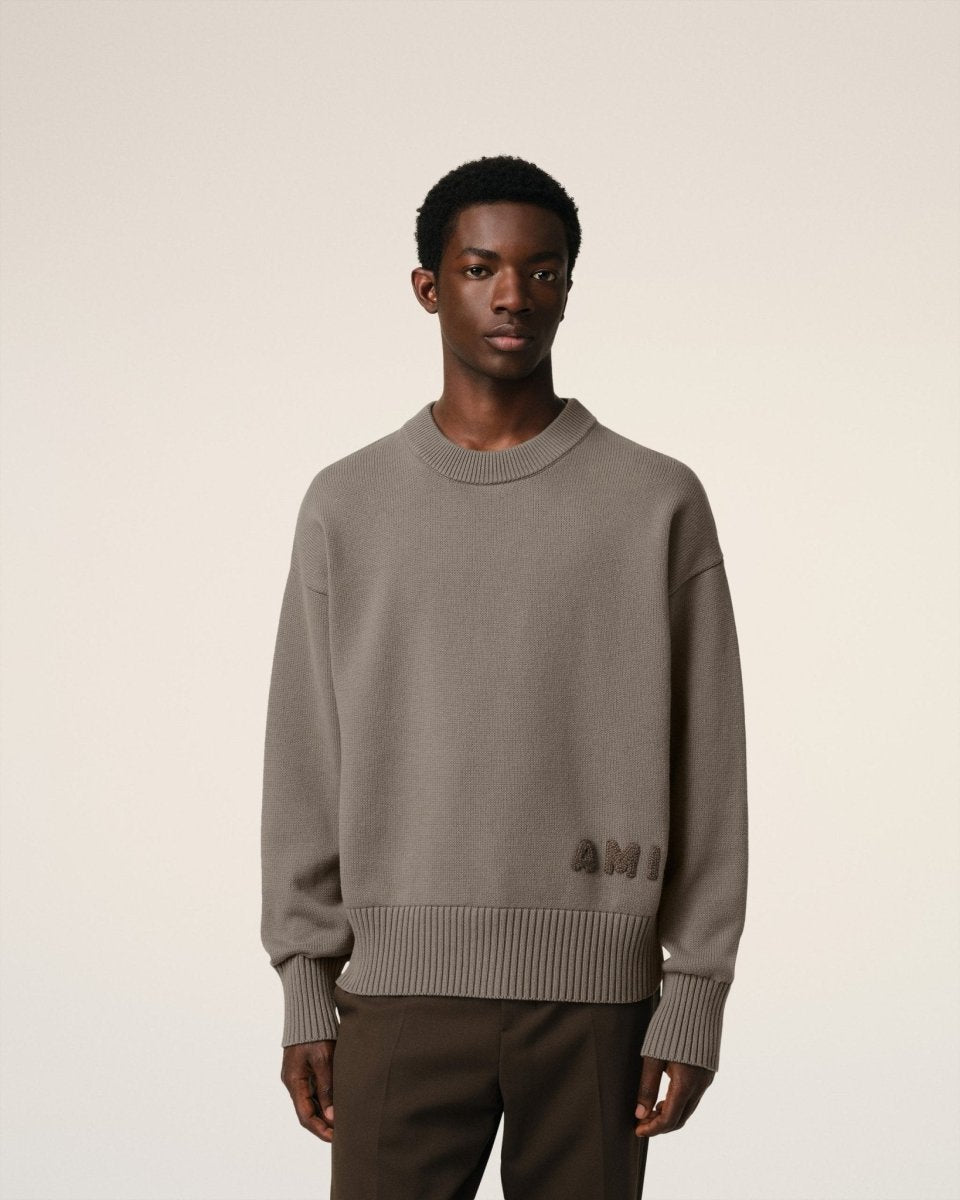 BEIGE COTTON AMI EMBROIDERED CREWNECK SWEATER - French Destock