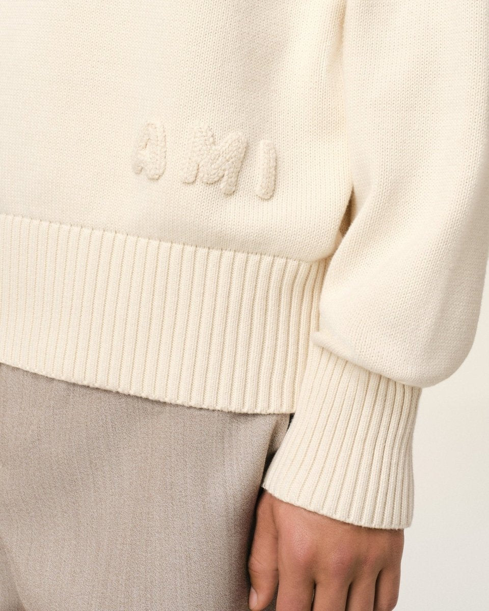 BEIGE COTTON AMI EMBROIDERED CREWNECK SWEATER - French Destock