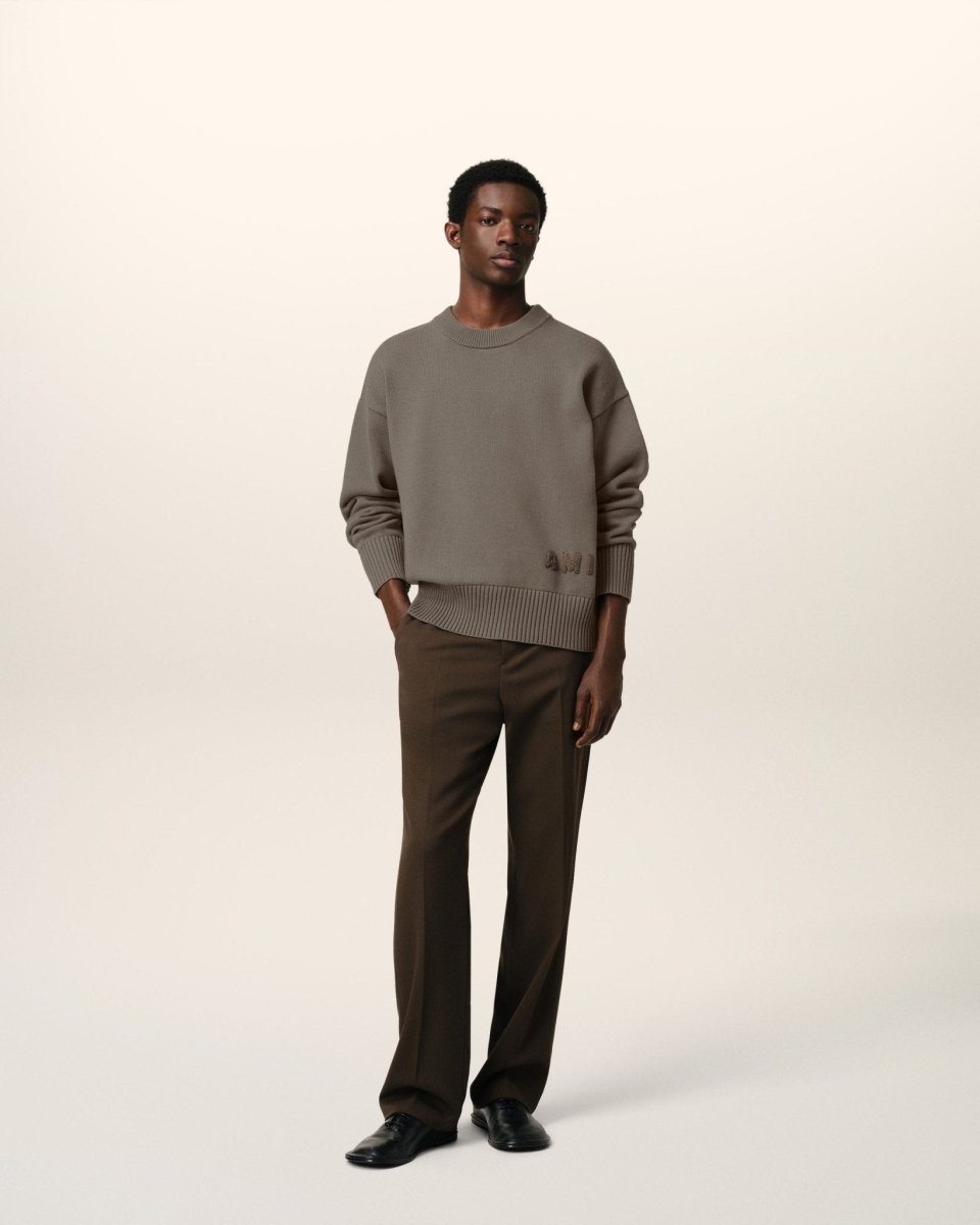 BEIGE COTTON AMI EMBROIDERED CREWNECK SWEATER - French Destock