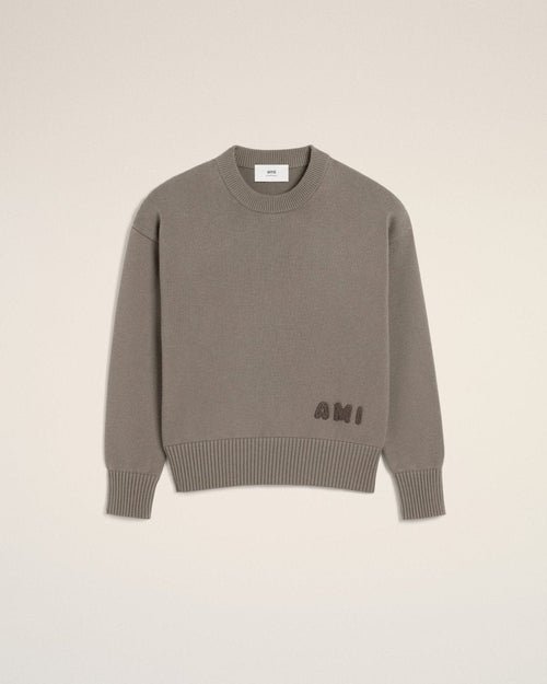 BEIGE COTTON AMI EMBROIDERED CREWNECK SWEATER - French Destock