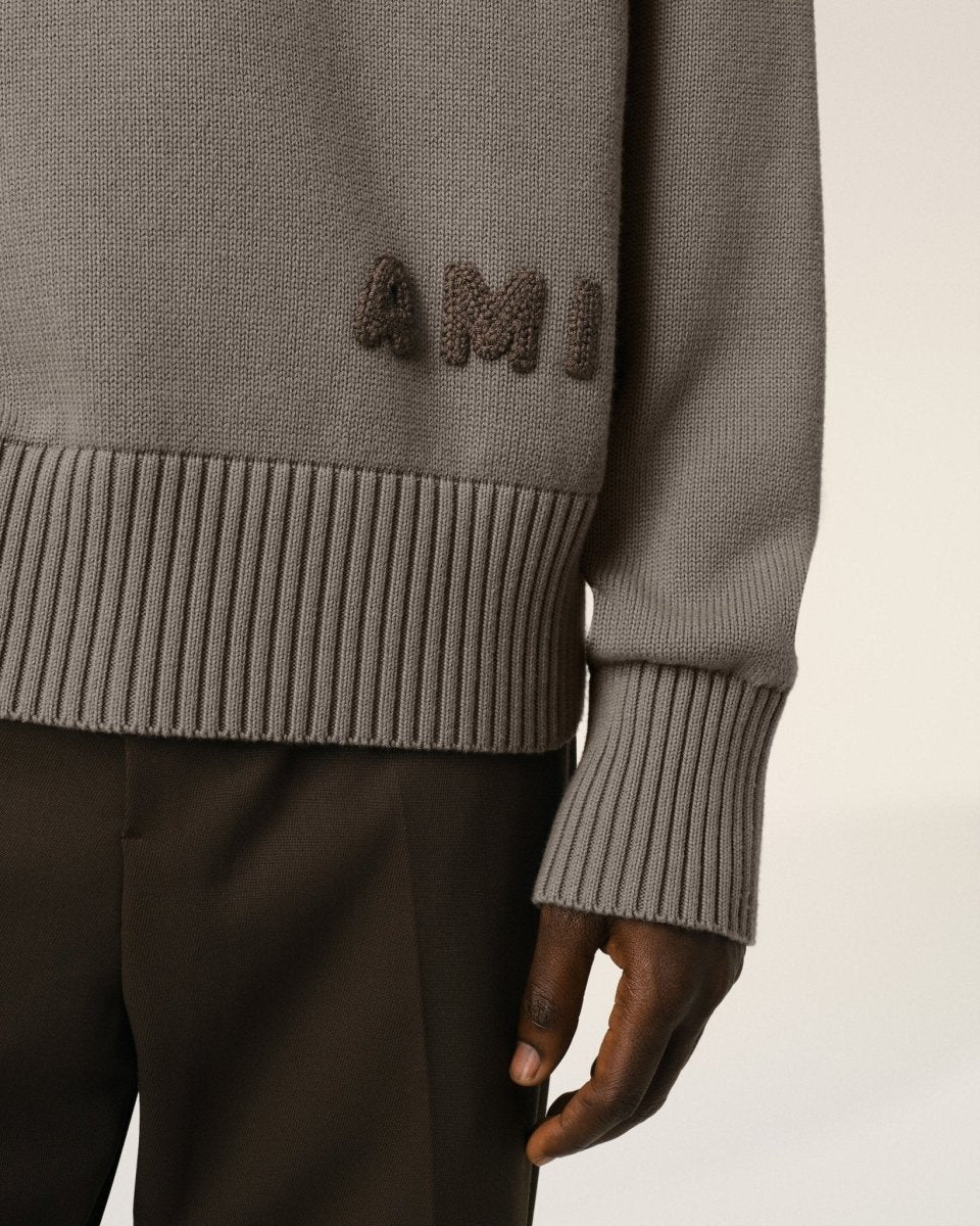 BEIGE COTTON AMI EMBROIDERED CREWNECK SWEATER - French Destock
