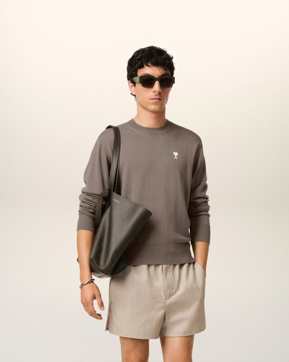 BEIGE WOOL AMI CREW NECK SWEATER - French Destock