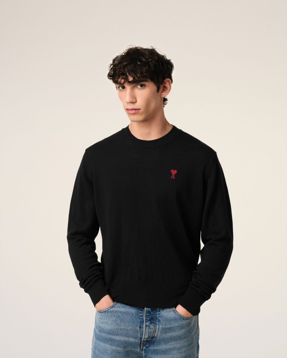 BLACK WOOL AMI CREW NECK SWEATER - French Destock