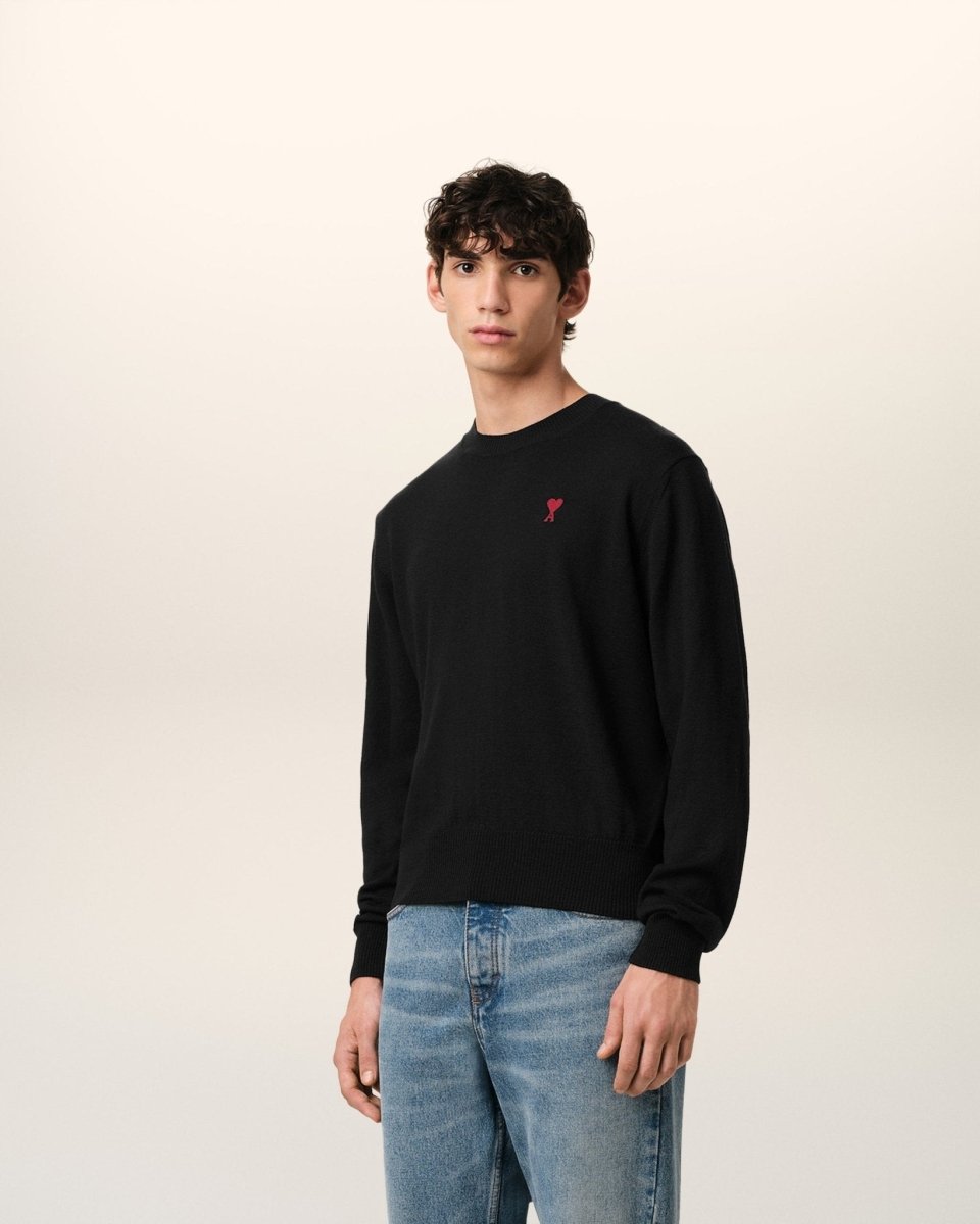 BLACK WOOL AMI CREW NECK SWEATER - French Destock