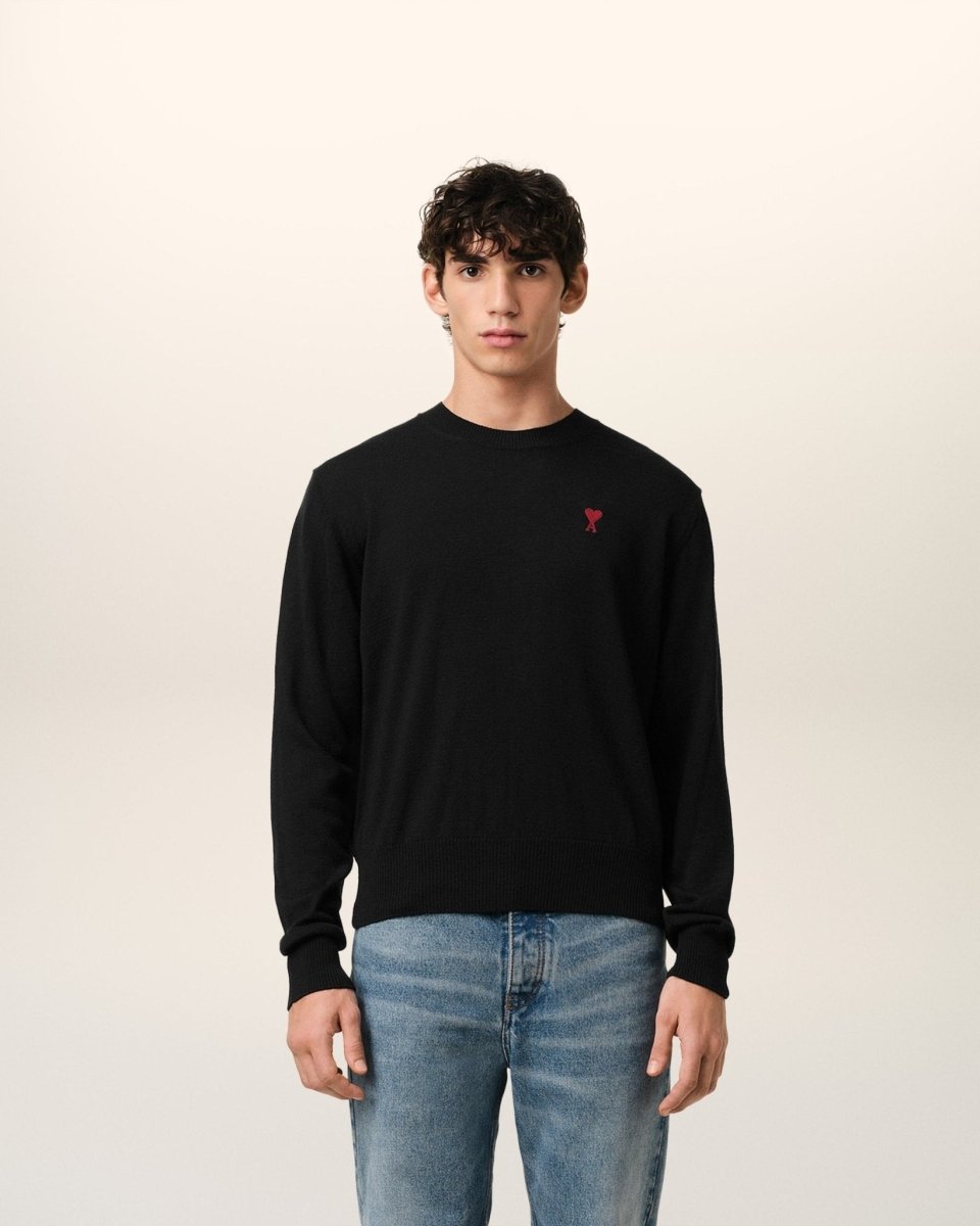 BLACK WOOL AMI CREW NECK SWEATER - French Destock
