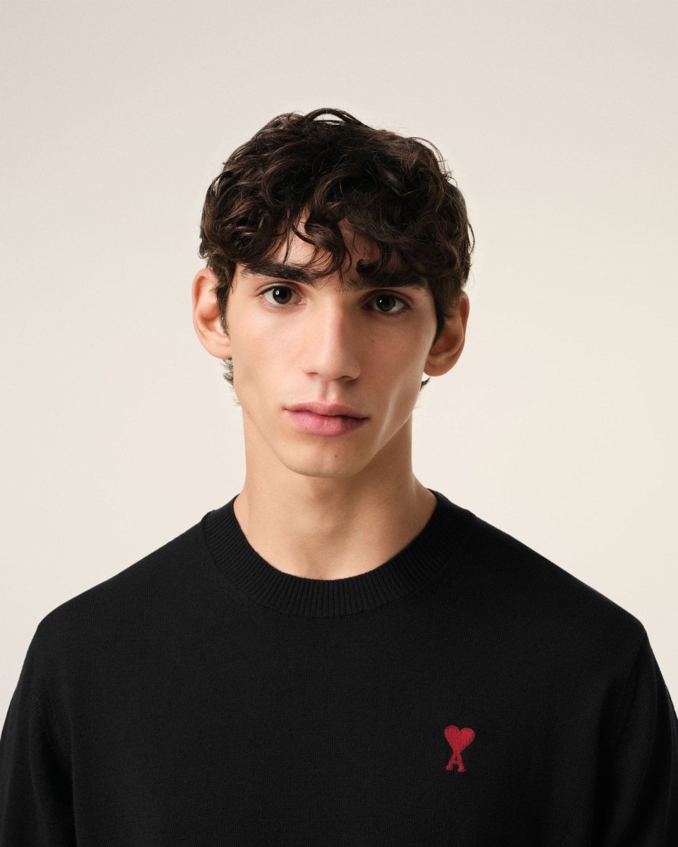 BLACK WOOL AMI CREW NECK SWEATER - French Destock