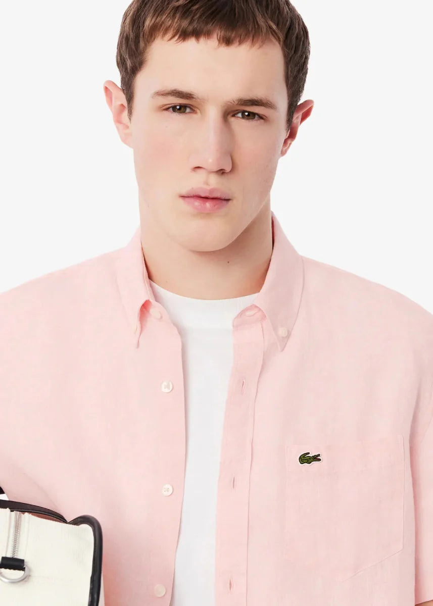 Chemise manches courtes Lacoste rose en lin - French Destock