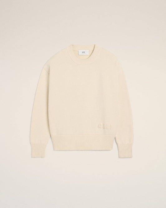BEIGE COTTON AMI EMBROIDERED CREWNECK SWEATER - French Destock
