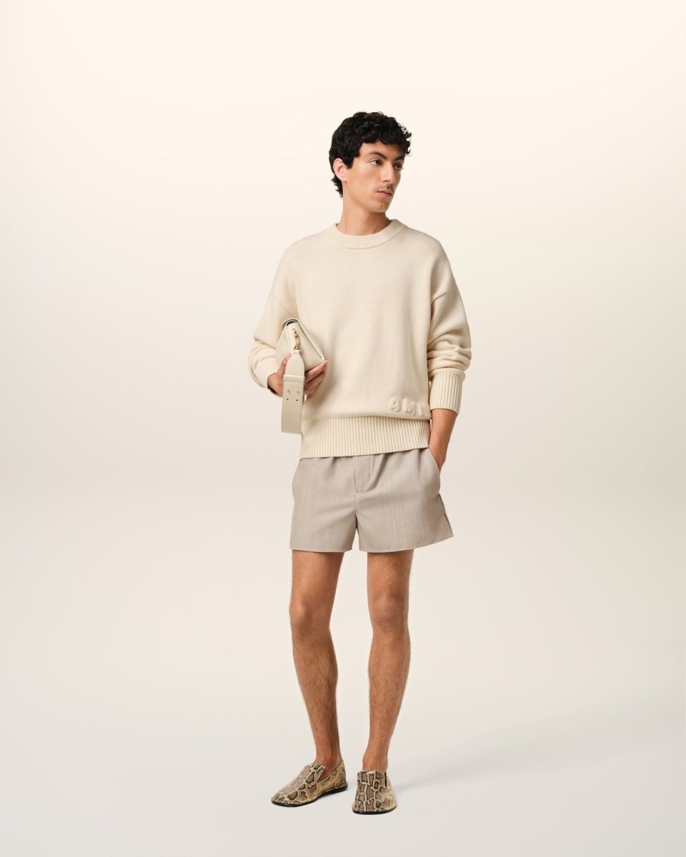 BEIGE COTTON AMI EMBROIDERED CREWNECK SWEATER - French Destock