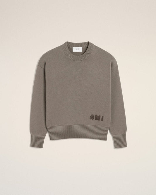BEIGE COTTON AMI EMBROIDERED CREWNECK SWEATER - French Destock
