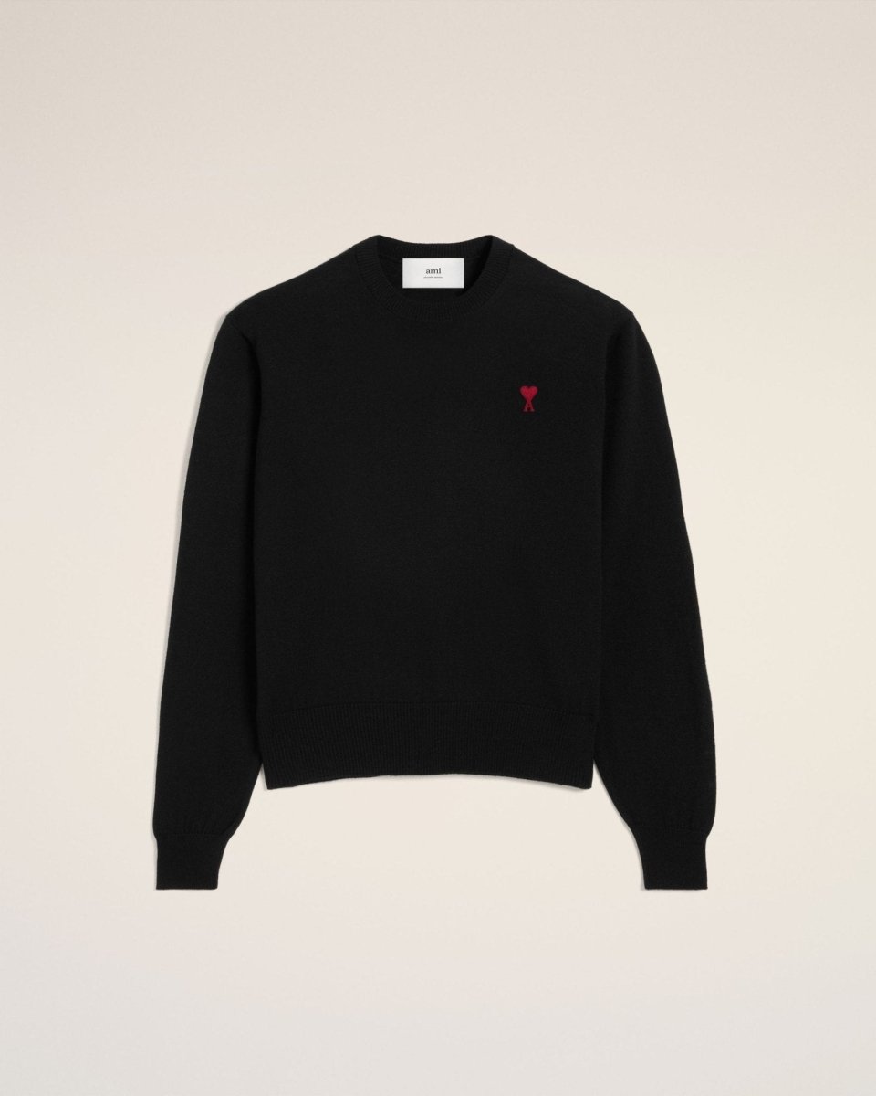 BLACK WOOL AMI CREW NECK SWEATER - French Destock