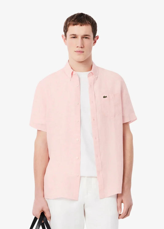 Chemise manches courtes Lacoste rose en lin - French Destock