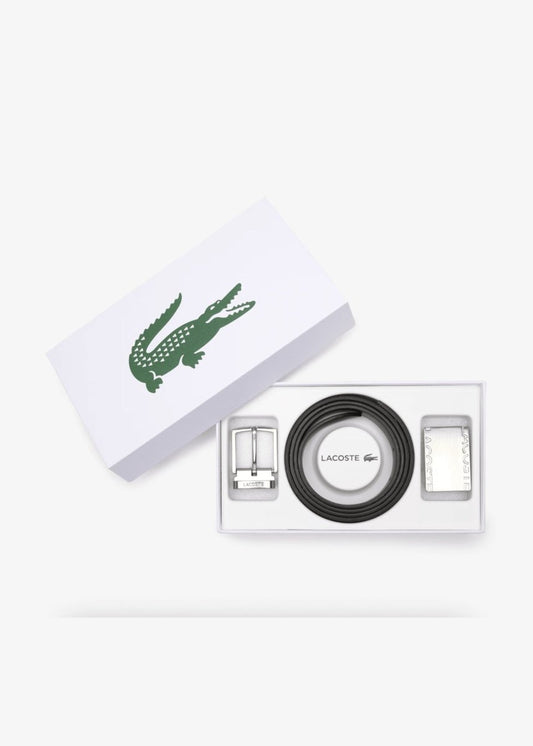 Coffret ceinture interchangeable Lacoste noir en cuir - French Destock